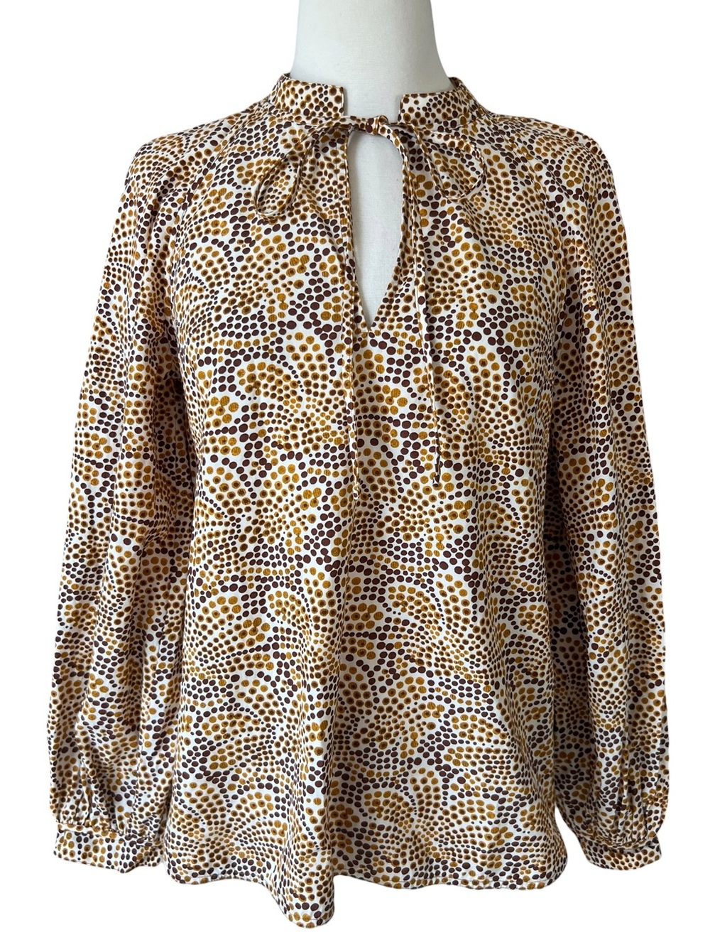 Rebecca Taylor Brown and Orange Tie Front Mockneck Abstract Floral Blouse